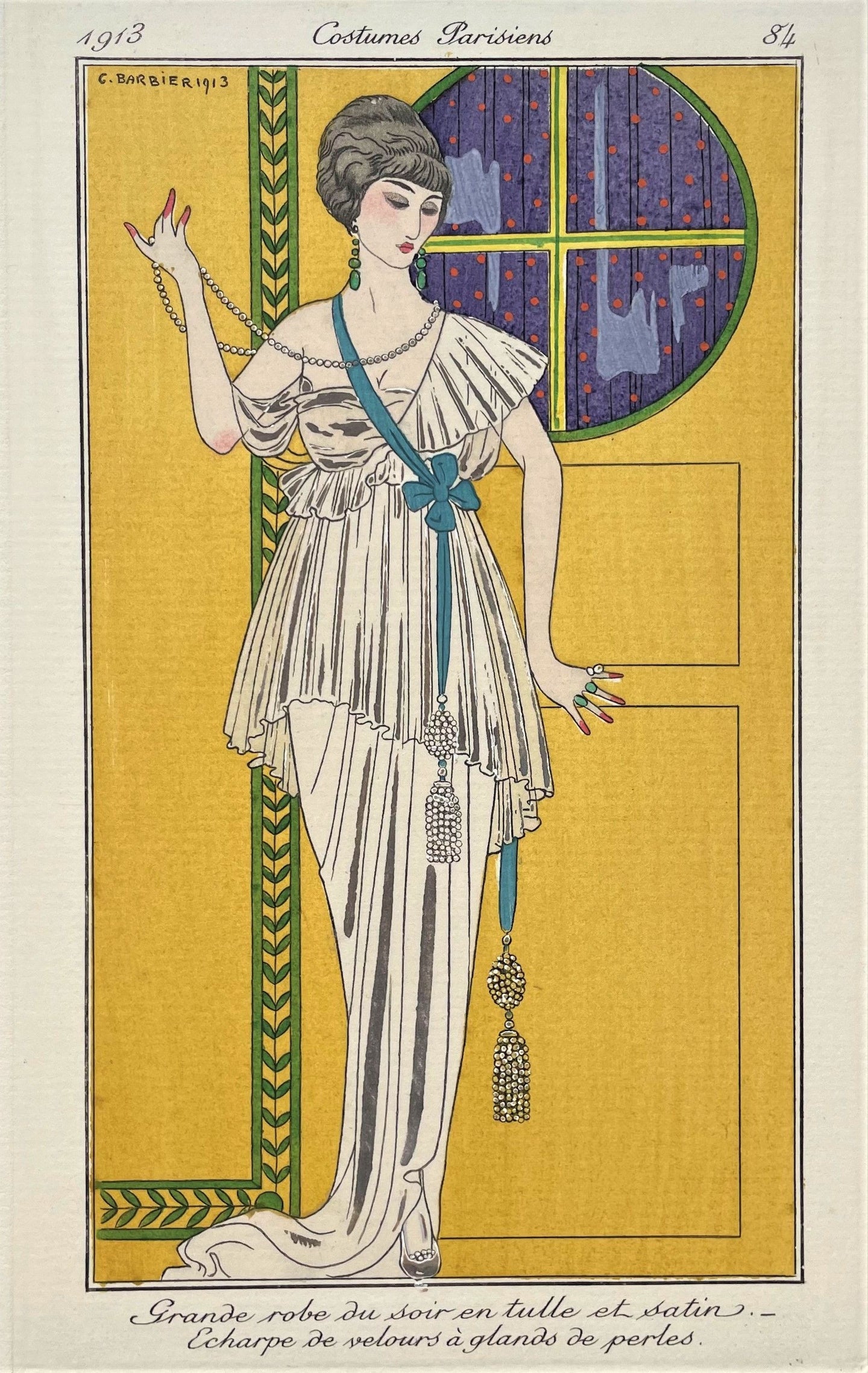 Grande robe du soir en tulle et satin.- Echarpe de velours a glands de perles