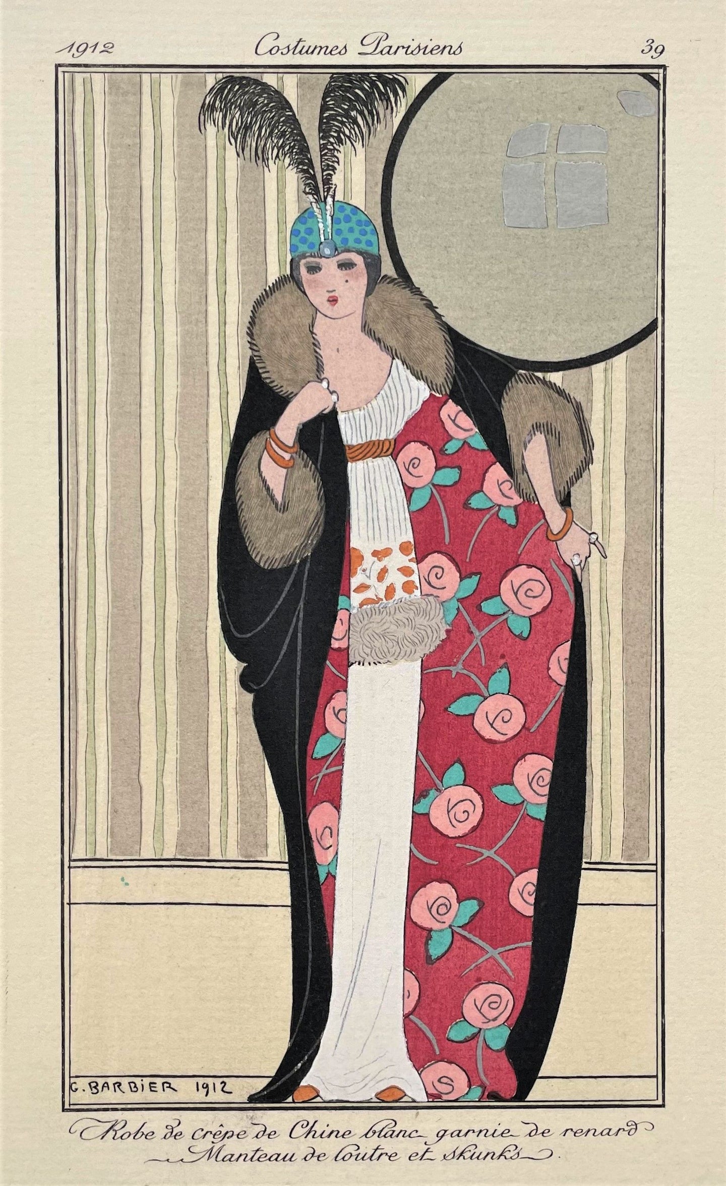 Robe de crepe de Chine blanc garnie de renard. Manteau de loutre et skunks